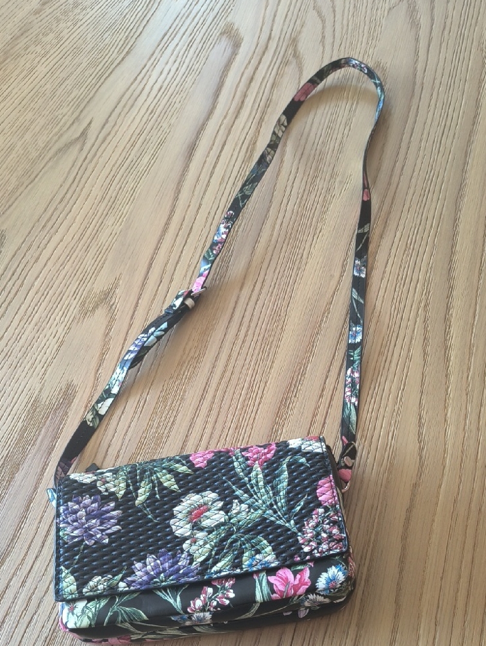 Zara Black Floral Quilted Crossbody Bag with Pink & Purple Flowers Mini